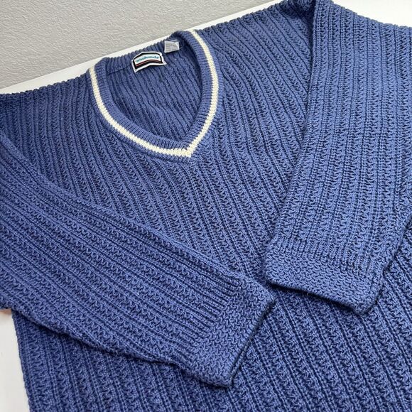 VTG 90s Chunky Cable Knit Sweater Weekends Large Navy Vneck Academia Tennis - Picture 1 of 8